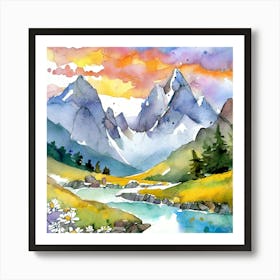 Watercolor Of Mountains Art Print