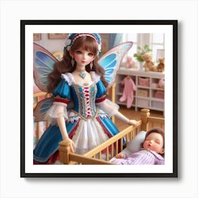 Fairy Doll looking over a baby sleeping  Art Print