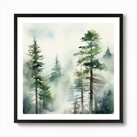 Appalachian Mountains of Misty Pines Watercolor Print of Evergreen Forest..365 Art Print