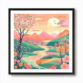 Landscape With Trees And Flowers Art Print