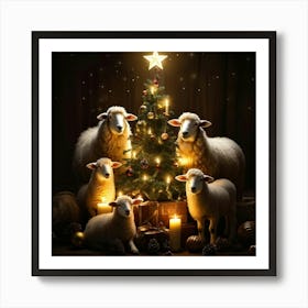 Sheep Family Gathered Around A Festively Decorated Christmas Tree Adorned With Baubles And Topped W Art Print