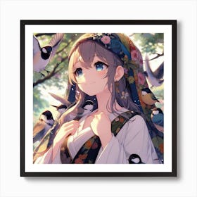 Anime Girl With Birds 4 Art Print