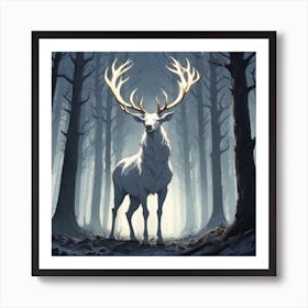 A White Stag In A Fog Forest In Minimalist Style Square Composition 55 Art Print