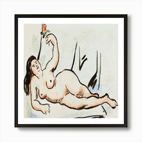 Nude Woman With A Rose Art Print