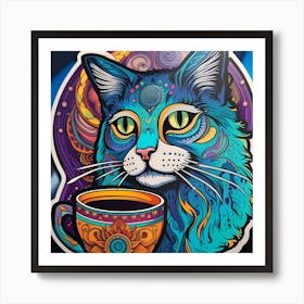 Cat With A Cup Of Coffee Whimsical Psychedelic Bohemian Enlightenment Print 5 Art Print