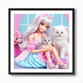 Beautiful Girl And Her Cat's Art Print