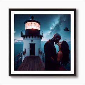 Couple Kissing At Lighthouse Art Print