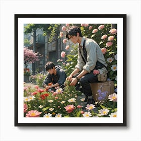 MEN PICKING FLOWERS Art Print