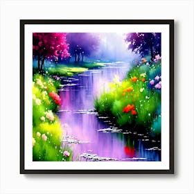 River With Flowers Art Print