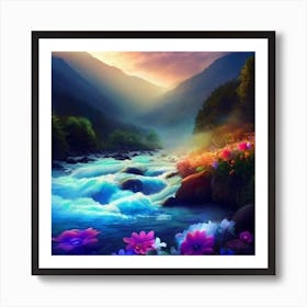 River With Flowers Art Print