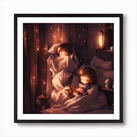 Cute Girls In Bed Art Print