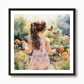 Little Girl With Butterflies, watercolor Art Print