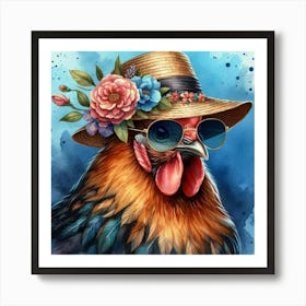 A chicken wearing a straw hat 3 Art Print