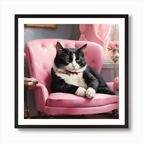 Cat Nap Tuxedo Cat Napping In Pink Interior Art Print Art Print