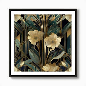 Gold And Black Floral Wallpaper Art Print