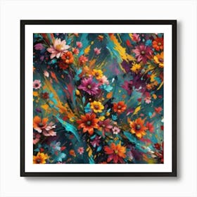 Flowers On A Blue Background 1 Art Print