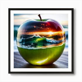 Double Exposure Of A Sunrise Over The Sea Seamlessly Integrated Within A Half Glas Apple Art Print