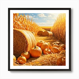 Autumn Harvest Scene Featuring Oversized Pumpkins Nestled Among Stalks Of Sunlit Corn Bales Of Hay (4) Art Print