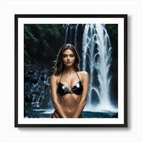 Beautiful Woman In Bikini In Front Of Waterfallbre Art Print