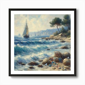 Sailboat On The Beach, Acrylic Painting Style 8 Art Print