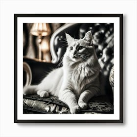 White Cat On A Chair Art Print