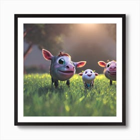 Pltn Style 3 Cows Close Up Starring At You On Green Grass 3d Cute Big Circular Reflective Eyes Pi 754665776 Art Print