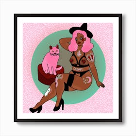 Pink Hair Pin Up Witch And Kitty Cat Square Art Print