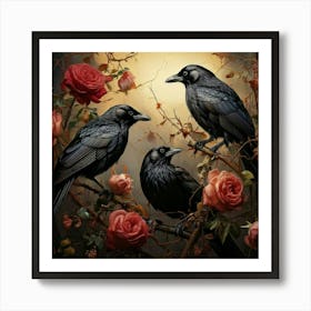 Crows On Roses Art Print