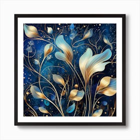 Golden Flowers On A Blue Background Art Print