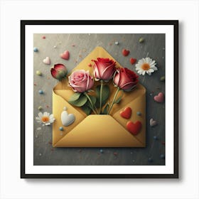 An open red and yellow letter envelope with flowers inside and little hearts outside 4 Art Print