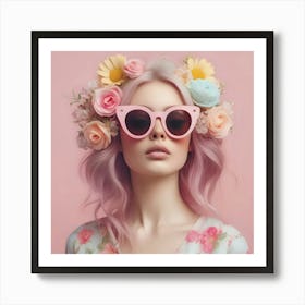 Pink Haired Girl With Flowers Art Print