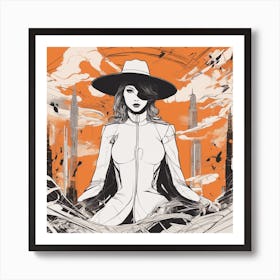 A Silhouette Of A Man Wearing A Black Hat And Laying On Her Back On A Orange Screen, In The Style Of (5) Art Print