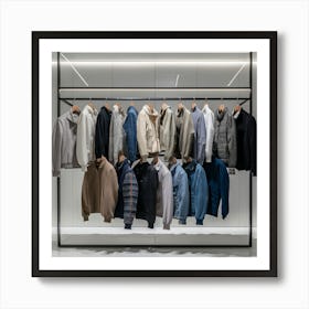 A rack of men's jackets and hoodies on a rack 2 Art Print