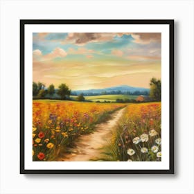 Field Of Daisies.An elaborate work of art about nature in the countryside of old England, antique oil colours, the touch of a creative artist. Art Print