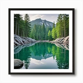 River Mountain Reflection Cubism Style Art Print