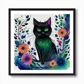 Black Cat With Flowers 5 Art Print