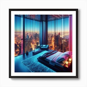 Modern Bedroom With Neon Lights Art Print