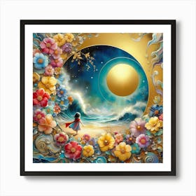 The Magical Child By The Ocean In Flower Decoration Creative Color Painting Art Print