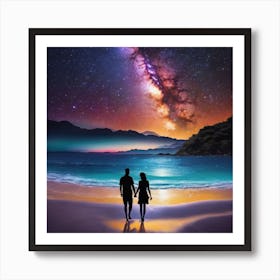 Couple Holding Hands Under The Milky Way Art Print