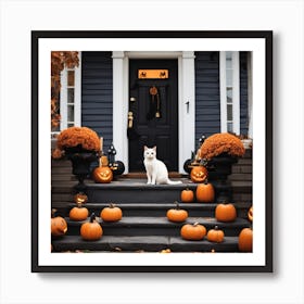 Halloween Cat On Front Porch 1 Art Print