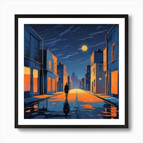 Night Scene Of A Street With A Person Walking Down The Street Art (2) Art Print