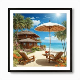 Beach House With Umbrella 1 Art Print