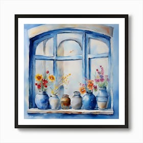 Blue wall. Open window. From inside an old-style room. Silver in the middle. There are several small pottery jars next to the window. There are flowers in the jars Spring oil colors. Wall painting.61 Art Print