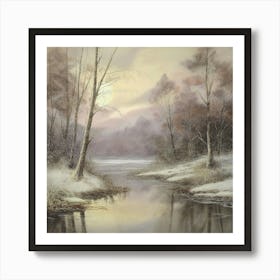 Ancient landscapes, old winter oil paintings and rocks around the lake bank. Snow is falling on the lake, old colors.6 Art Print