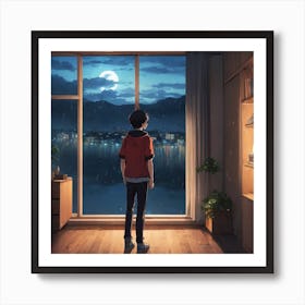 Solitude by the Riverside: A Rainy Night's Reflection Art Print