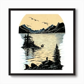 Idyllic Lake Scene with Fishing Man and Birds Art Print