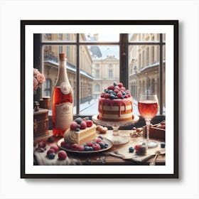 Table With Wine And Dessert Art Print