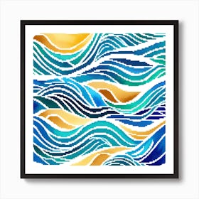 Blue And Gold Waves Pixel Art Swimming-Sea-Beach Art Print