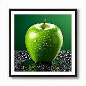 Green Apple With Water Droplets Art Print