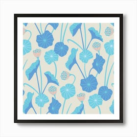 LOTUS POND Japanese Zen Buddhism Leaves Seed Pods Botanical in Blue White Blush Art Print